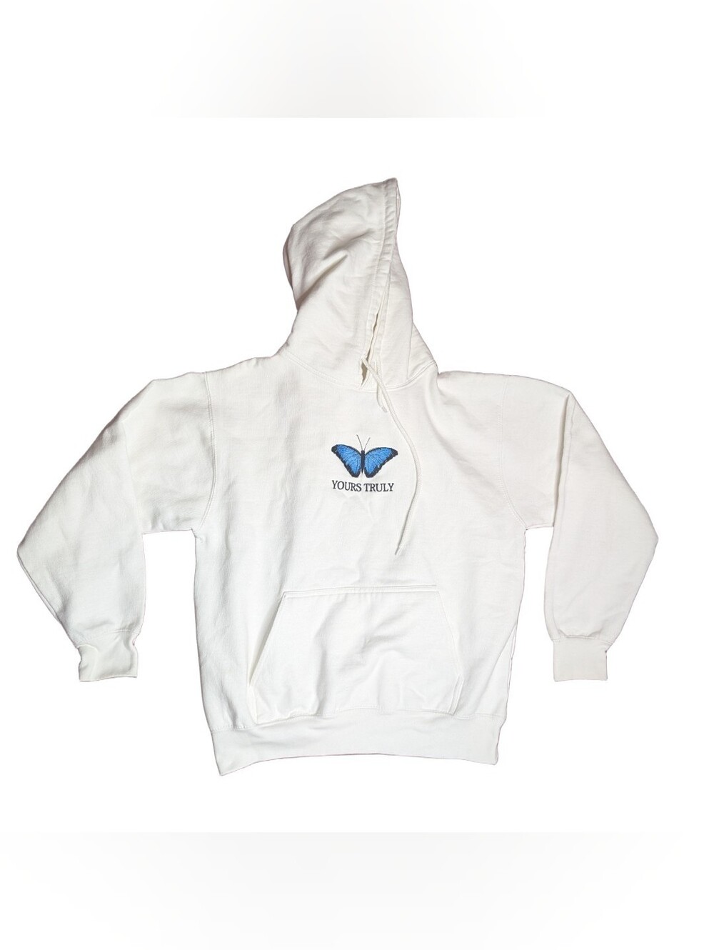 Yours Truly by Phora Blue Butterfly  White Hoodie Embroidered Size Medium